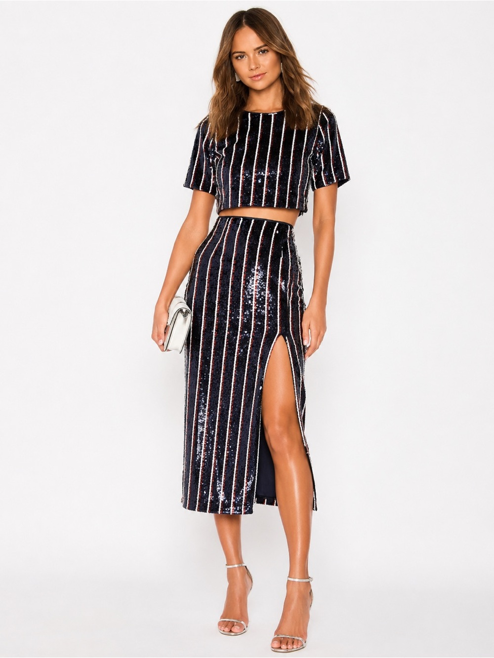 Lovers + Friends Sequin Striped Crop Top and Skirt: red, white, blue M